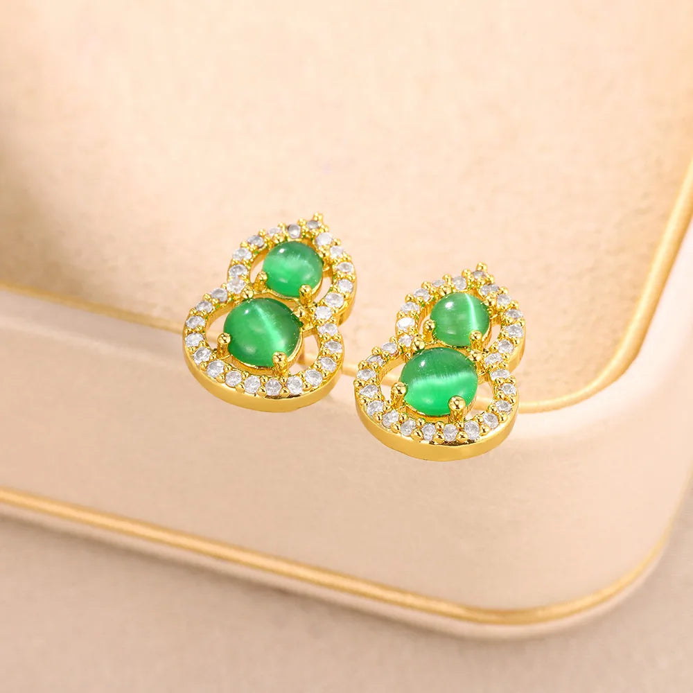 Straight steel earrings and two green stones-ea449