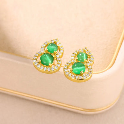 Straight steel earrings and two green stones-ea449