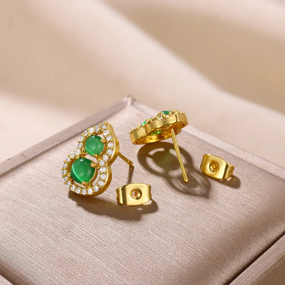 Straight steel earrings and two green stones-ea449