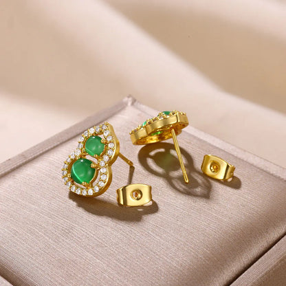 Straight steel earrings and two green stones-ea449