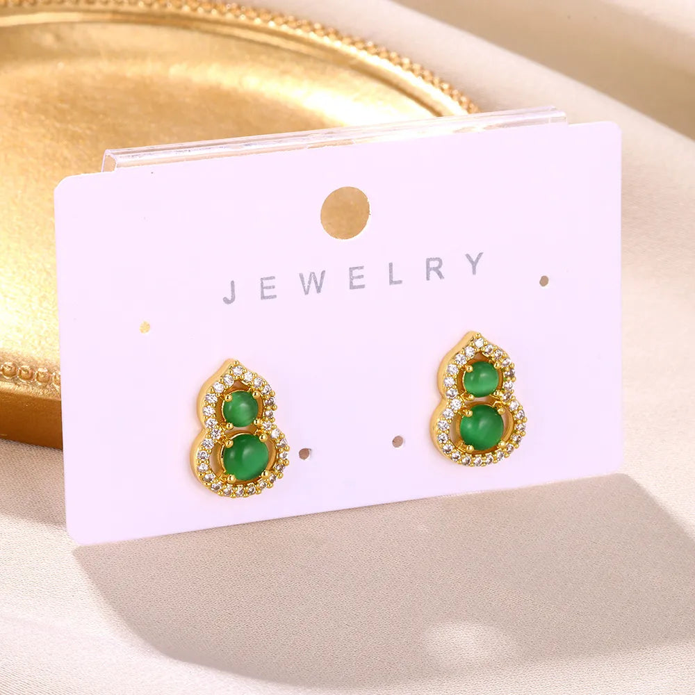 Straight steel earrings and two green stones-ea449