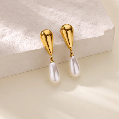 Earrings gold steel with pearl tear-ea273