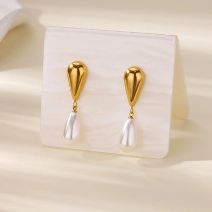 Earrings gold steel with pearl tear-ea273
