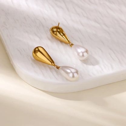 Earrings gold steel with pearl tear-ea273
