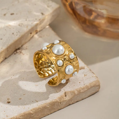 Δαχτυλίδι ατσάλινο χρυσό με πέρλες- w564