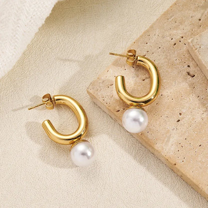 *Σκουλαρίκια χρυσό ατσάλι κρίκοι με πέρλα-EA538