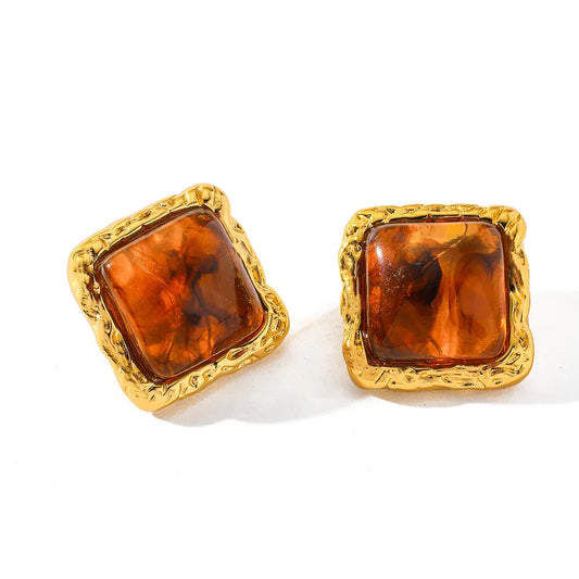 Σκουλαρίκια ατσάλι χρυσό με καφετί τετράγωνο -EA053