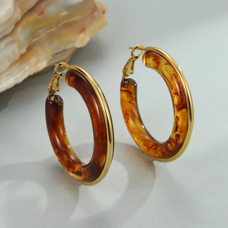 Σκουλαρίκια ατσάλι με καφέ ρητίνη-EA754