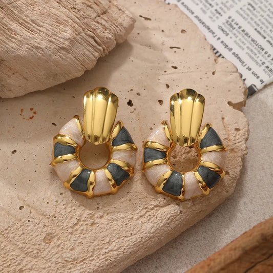 Σκουλαρίκια χρυσό ατσάλι μαύρο άσπρο-EA101