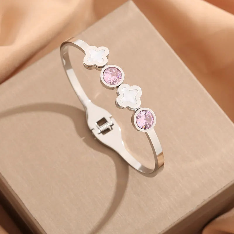 Pulseira em aço com pedras rosa - BR224