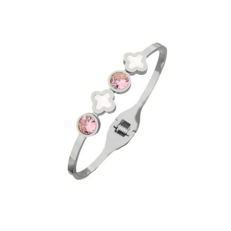 Pulseira em aço com pedras rosa - BR224