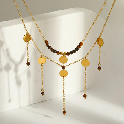 Colier dublu din otel placat cu aur cu pietre maro-NE016