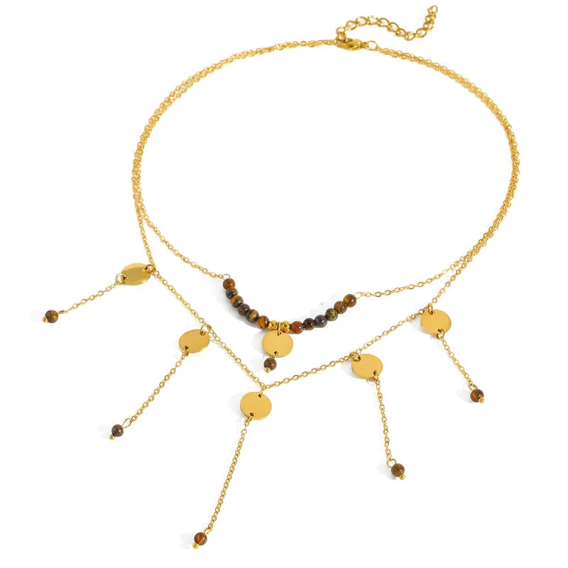 Colier dublu din otel placat cu aur cu pietre maro-NE016