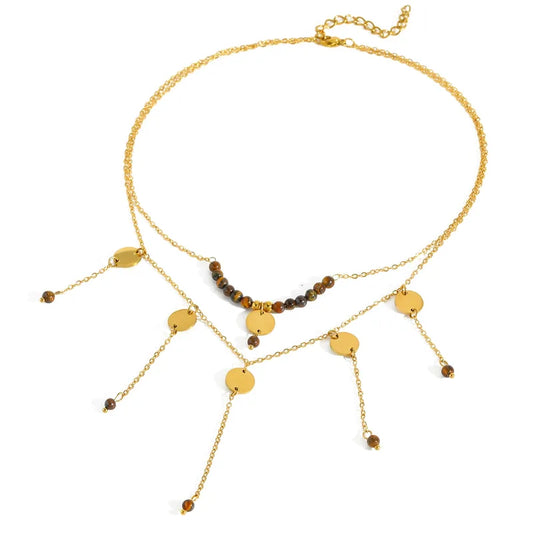 Colier dublu din otel placat cu aur cu pietre maro-NE016