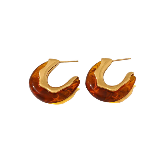 Σκουλαρίκια επιχρυσωμένο ατσάλι κρίκοι με ρητίνη καφέ - EA465