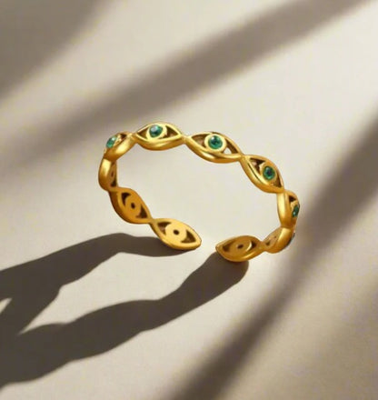 Δαχτυλίδι επιχρυσωμένο ατσάλι μάτια με πράσινα zircon-R211