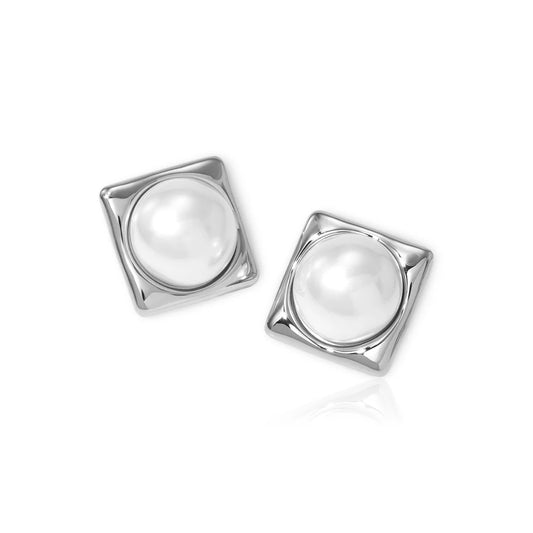 Earrings of steel squares with pearls in-ea455