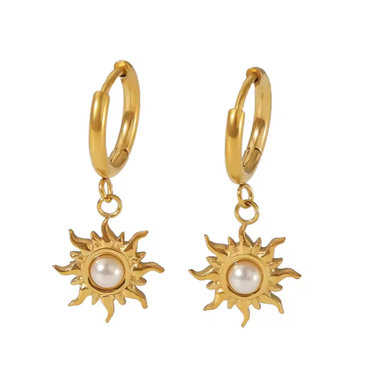 Orecchini a cerchio sole in acciaio dorato con perla-EA568