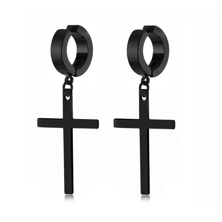 Earring black steel cross 1 piece-ea375