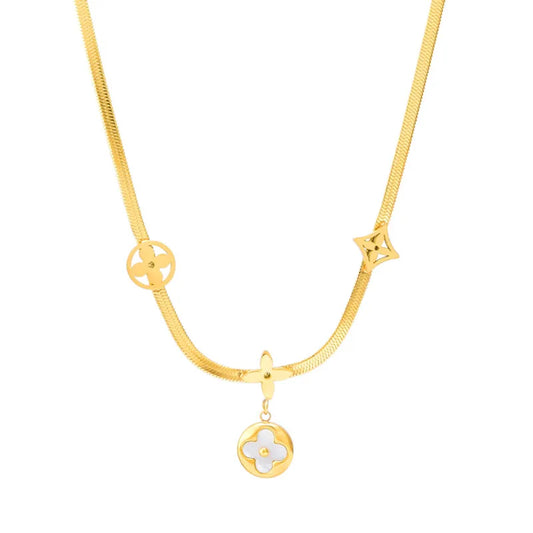 Gold steel necklace with four leaf clover -NE343