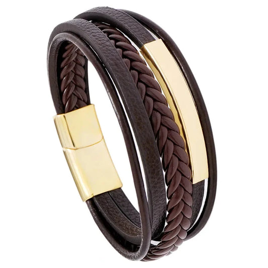 Bracelet male gold steel with brown straps-br177