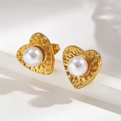 Σκουλαρίκια επιχρυσωμένο ατσάλι καρδιά με πέρλα-EA657