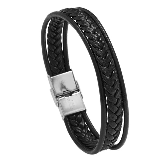 Men's black bracelet with braid and straps-br036