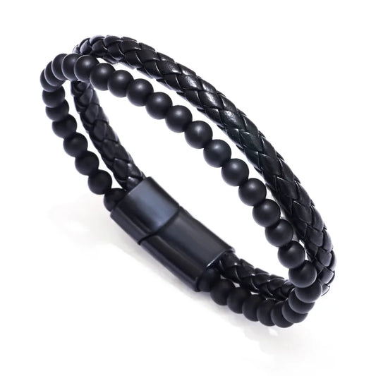 Black bracelet with black beads and black synthetic leather-br042