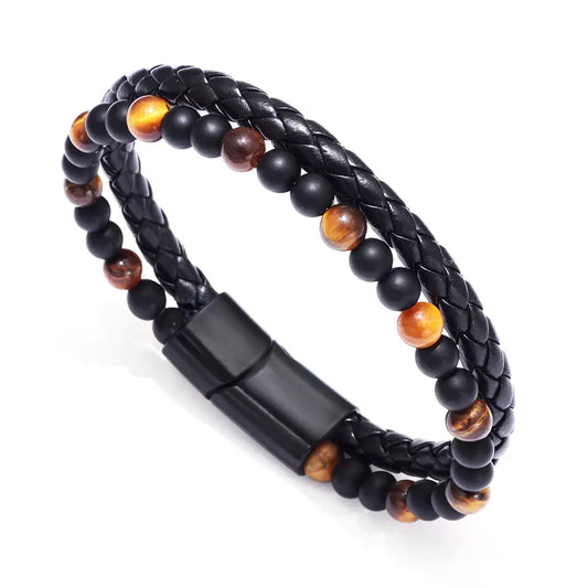 Black bracelet with black beads and brown synthetic leather-br066