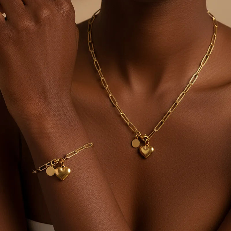 Σετ επιχρυσωμένο ατσάλι κολιέ και βραχιόλι με καρδιά-SET039