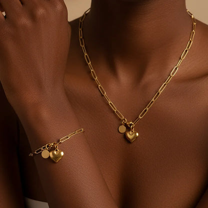 Σετ επιχρυσωμένο ατσάλι κολιέ και βραχιόλι με καρδιά-SET039