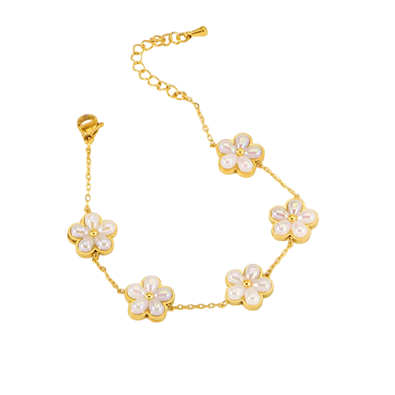 Βραχιόλι χρυσό ατσάλι με περλέ λουλούδια-BR171