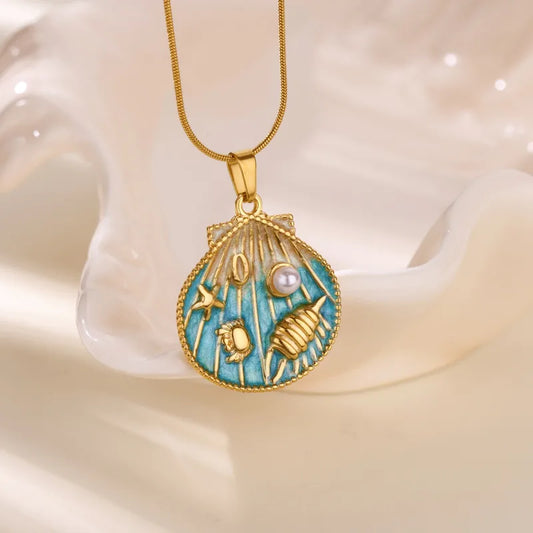 Κολιέ ατσάλινο με κοχύλι και γαλάζιο βυθό - ne533