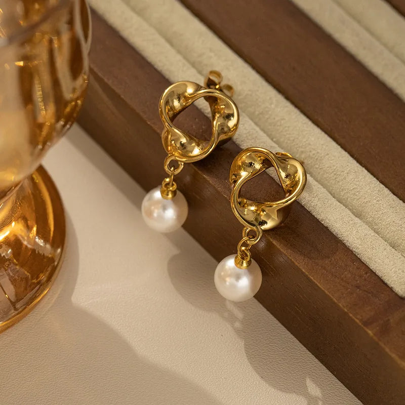 Σκουλαρίκια ατσάλι με κρεμαστή πέρλα-EA407