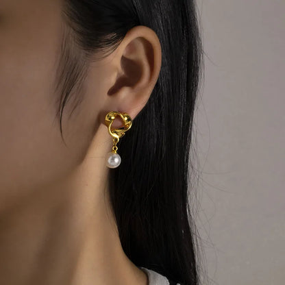 Σκουλαρίκια ατσάλι με κρεμαστή πέρλα-EA407