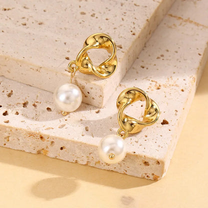 Σκουλαρίκια ατσάλι με κρεμαστή πέρλα-EA407