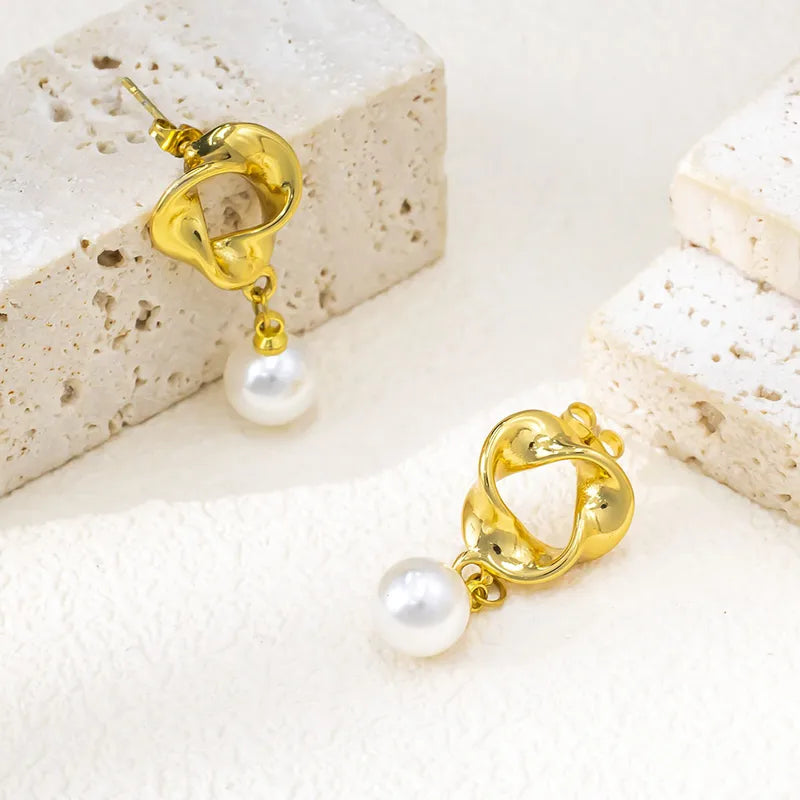 Σκουλαρίκια ατσάλι με κρεμαστή πέρλα-EA407