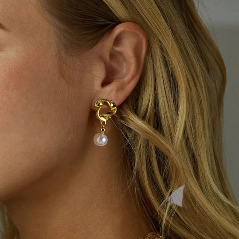 Σκουλαρίκια ατσάλι με κρεμαστή πέρλα-EA407