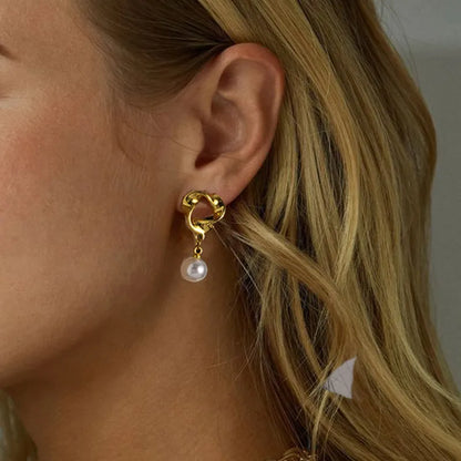 Σκουλαρίκια ατσάλι με κρεμαστή πέρλα-EA407