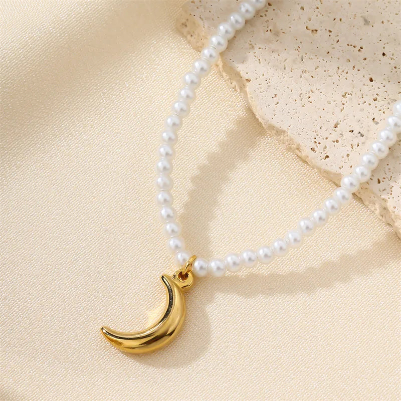 *Colier din otel cu lant de perle-NE553