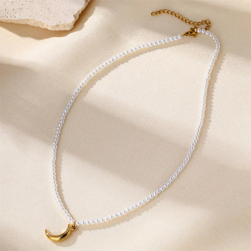 *Colier din otel cu lant de perle-NE553