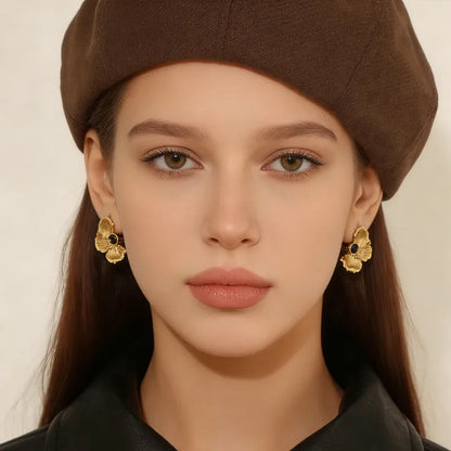 Σκουλαρίκια επιχρυσωμένο ατσάλι με μαύρη πέτρα-EA245