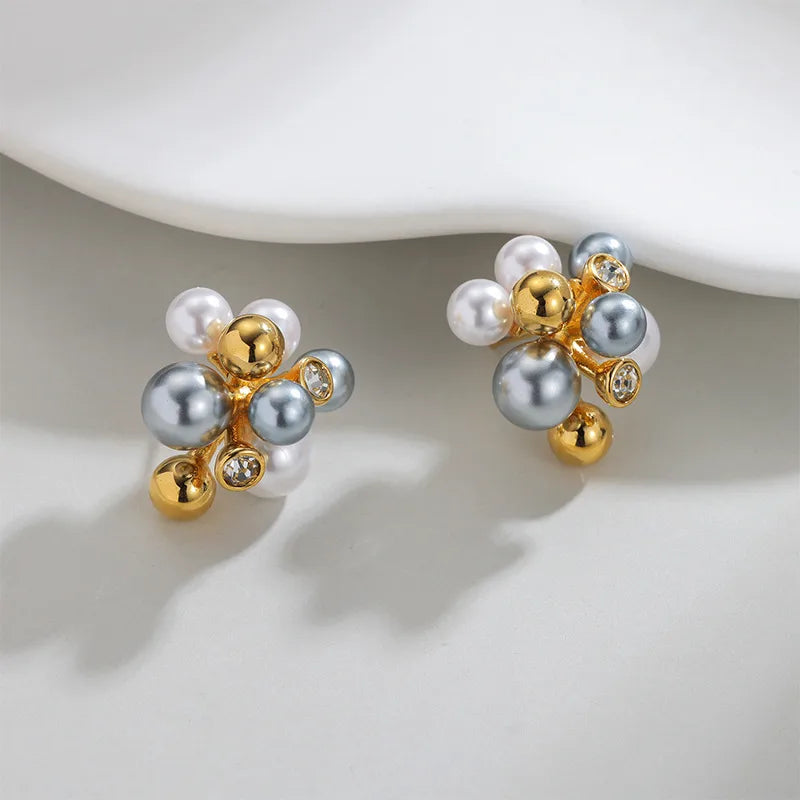 Σκουλαρίκια επιχρυσωμένο ατσάλι τρίχρωμες πέρλες-EA656