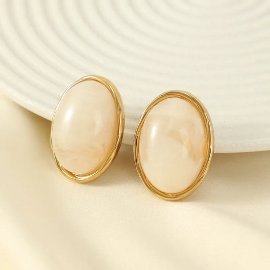 Σκουλαρίκια επιχρυσωμένο ατσάλι οβάλ κρεμ-EA354