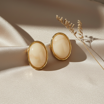 Σκουλαρίκια επιχρυσωμένο ατσάλι οβάλ κρεμ-EA354