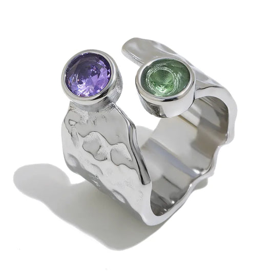 Δαχτυλίδι ατσάλι με πράσινο και μωβ zircon - R179