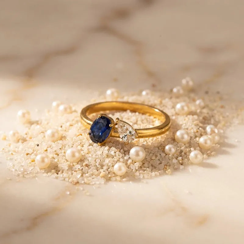Δαχτυλίδι χρυσό ατσάλι με μπλε και λευκό zircon - R233