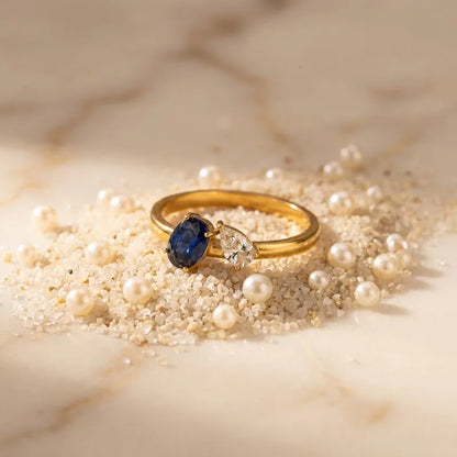 Δαχτυλίδι χρυσό ατσάλι με μπλε και λευκό zircon - R233