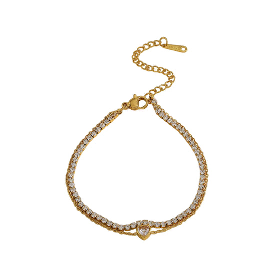 Bratara din otel placat cu aur cu inima si lant de zircon-BR122