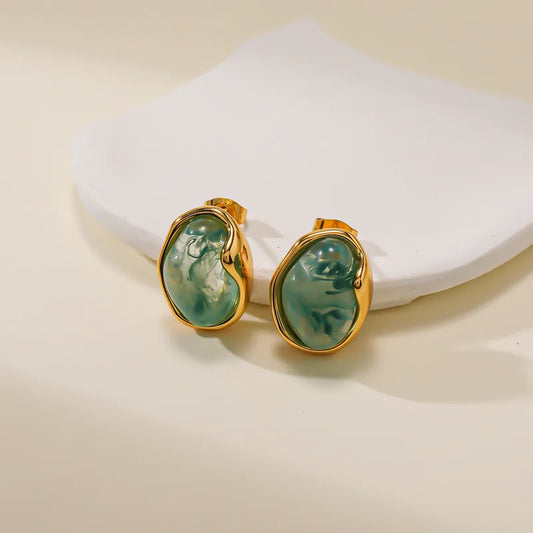 Boucles d'oreilles acier doré et résine verte - EA434